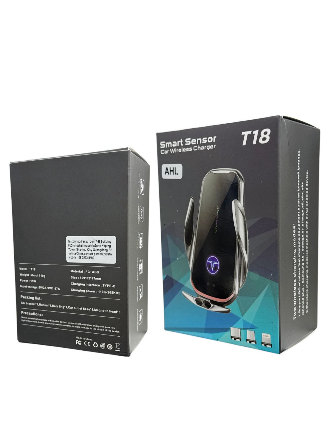 AHL T18 Smart Sensor Car Wireless Charger | 15W Fast Charge USB/USB-C/Lightning