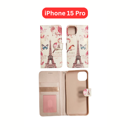 iPhone 15 Pro Wallet Printed Case Tower, Butterfly, Heart, Larger Butterfly, Loving Heart, Flower, Purple Flower (Copy)