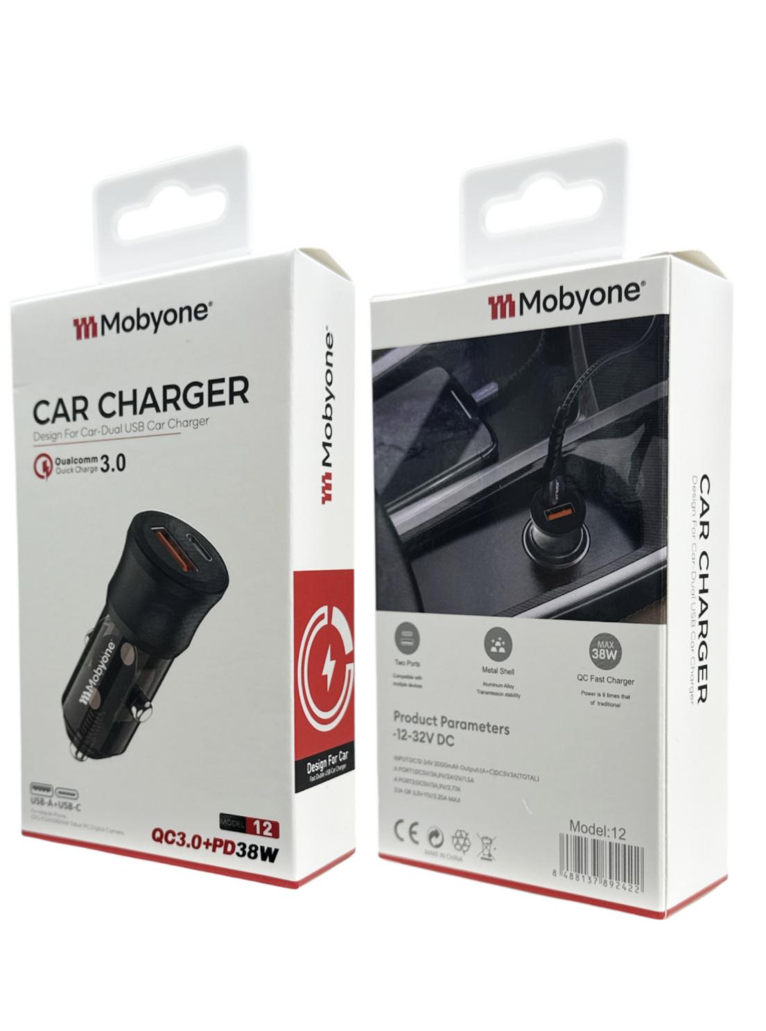 Mobyone Model 12 Car Charger | Dual USB-A & USB-C 38W | 12–32V Fast Charge