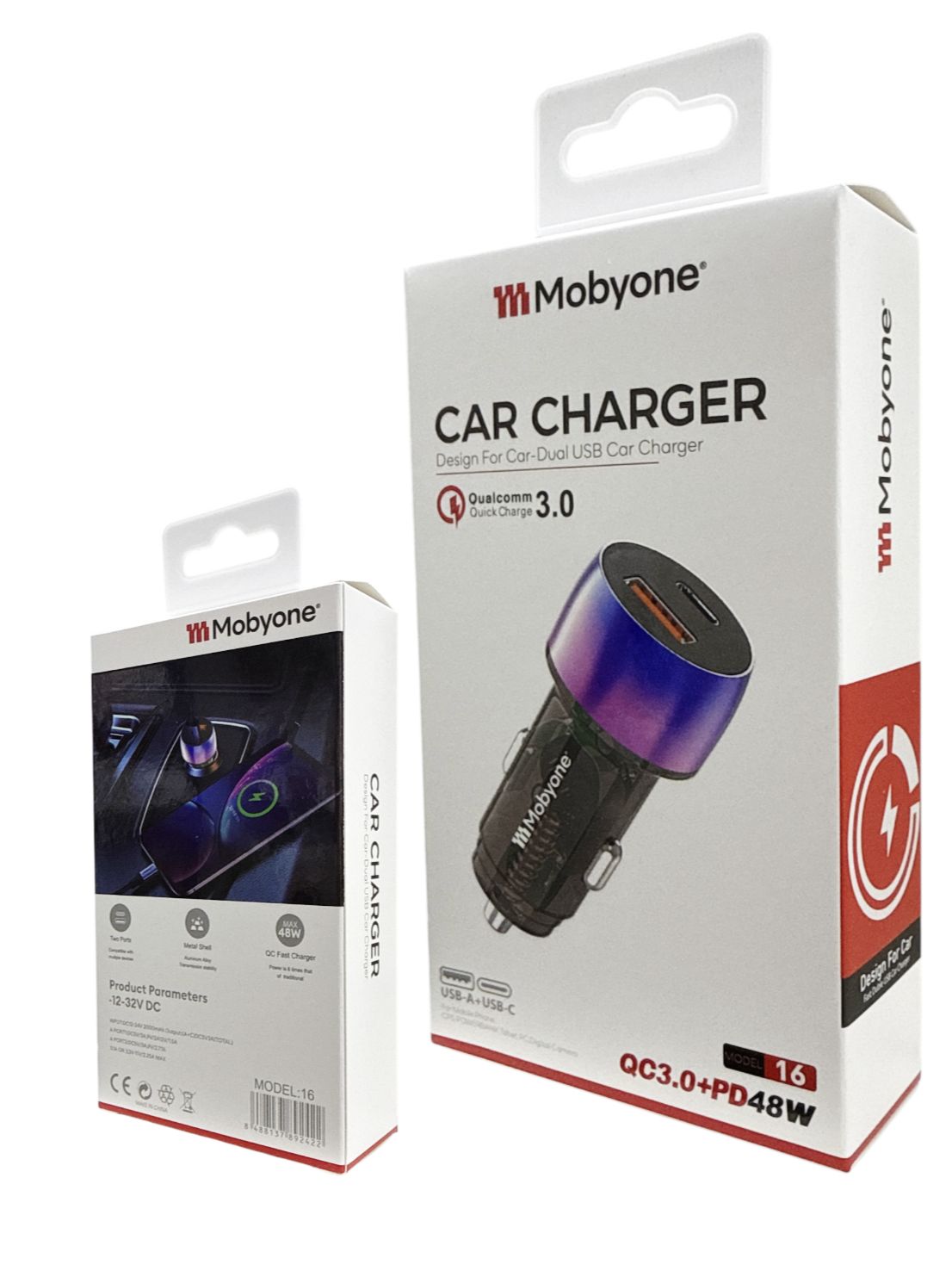 Mobyone Model 16 Car Charger | Dual USB-A & USB-C 48W | 12–32V Fast Charge