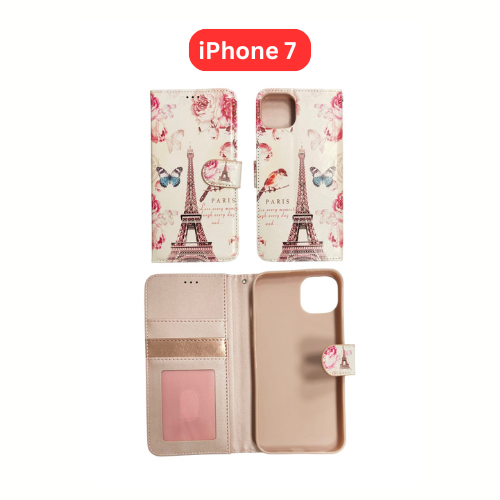 iPhone 7 Wallet Printed Case Tower, Butterfly, Heart, Larger Butterfly, Loving Heart, Flower, Purple Flower