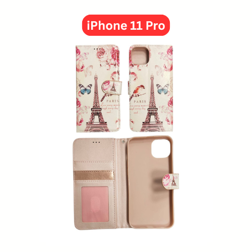 iPhone 11 Pro Wallet Printed Case Tower, Butterfly, Heart, Larger Butterfly, Loving Heart, Flower, Purple Flower