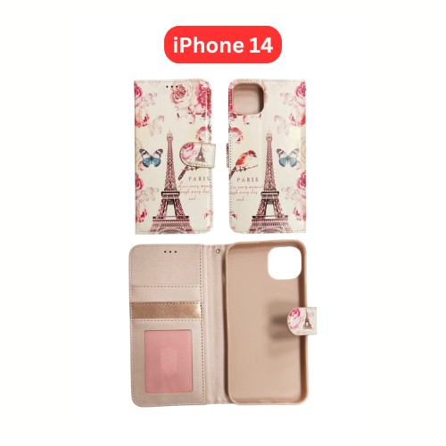 iPhone 14 Wallet Printed Case Tower, Butterfly, Heart, Larger Butterfly, Loving Heart, Flower, Purple Flower (Copy) (Copy) (Copy)