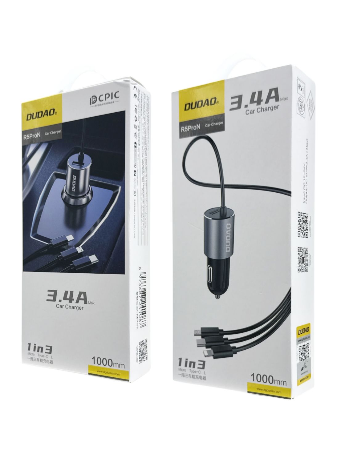 DUDAO R5ProN Car Charger 3.4A | 3-in-1 Cable USB-C Micro Lightning 1m