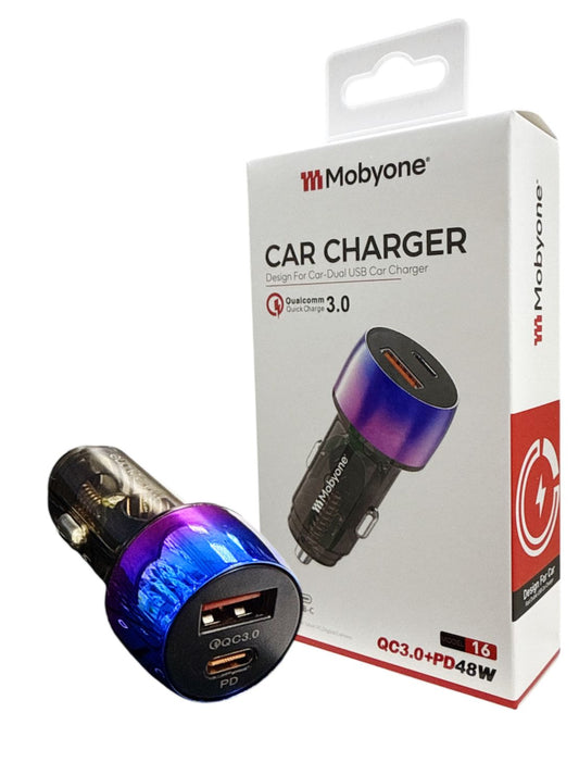 Mobyone Model 16 Car Charger | Dual USB-A & USB-C 48W | 12–32V Fast Charge