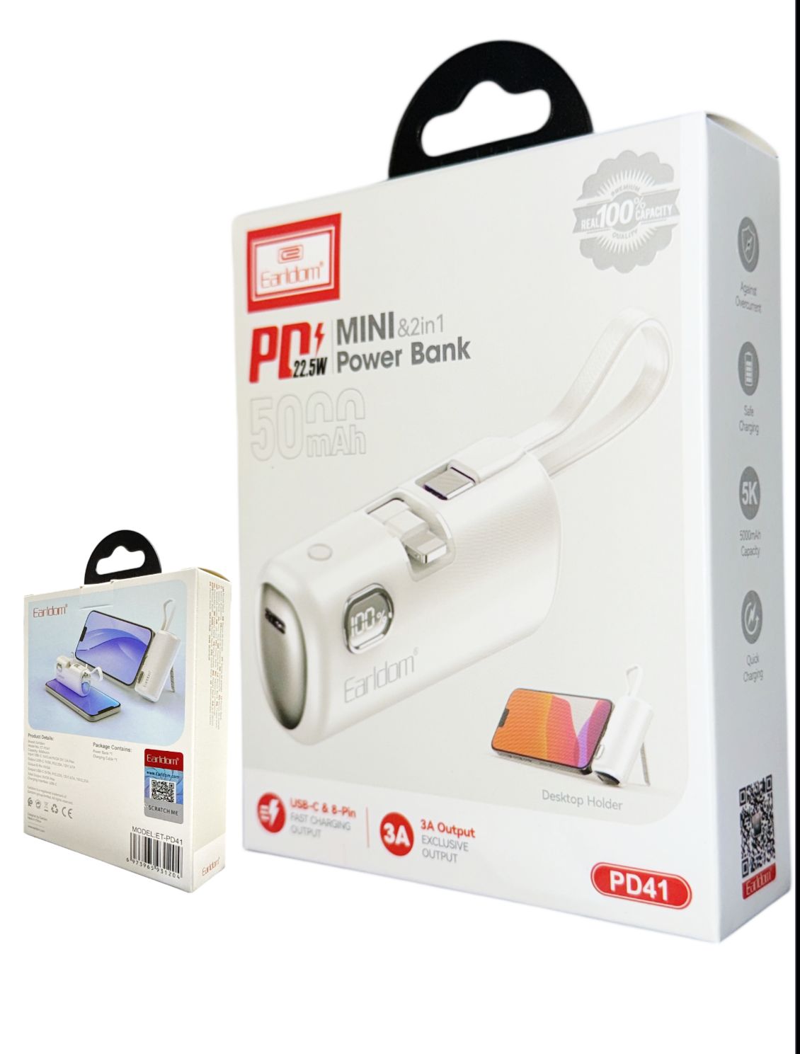 Earldom PD41 5000mAh USB C & 8-pin Mini 2 in 1 Powerbank 22.5W PD