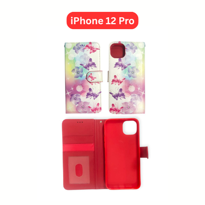 iPhone 12 Pro Wallet Printed Case Tower, Butterfly, Heart, Larger Butterfly, Loving Heart, Flower, Purple Flower