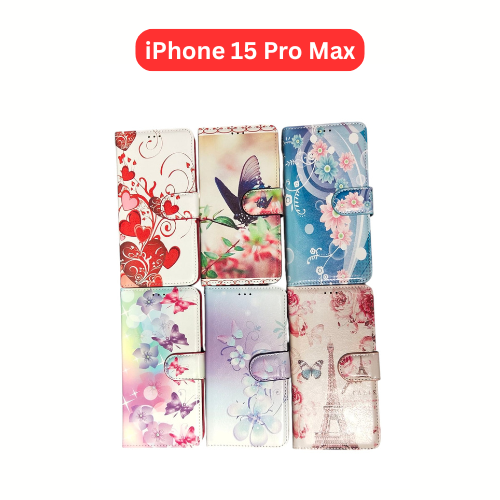 iPhone 15 Pro Max Wallet Printed Case Tower, Butterfly, Heart, Larger Butterfly, Loving Heart, Flower, Purple Flower