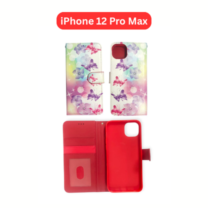 iPhone 12 Pro Max Wallet Printed Case Tower, Butterfly, Heart, Larger Butterfly, Loving Heart, Flower, Purple Flower