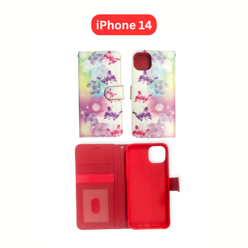 iPhone 14 Wallet Printed Case Tower, Butterfly, Heart, Larger Butterfly, Loving Heart, Flower, Purple Flower (Copy) (Copy) (Copy)