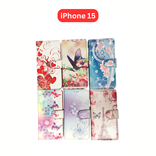 iPhone 15 Wallet Printed Case Tower, Butterfly, Heart, Larger Butterfly, Loving Heart, Flower, Purple Flower (Copy) (Copy)