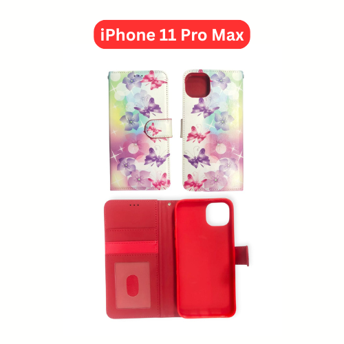 iPhone 11 Pro Max Wallet Printed Case Tower, Butterfly, Heart, Larger Butterfly, Loving Heart, Flower, Purple Flower