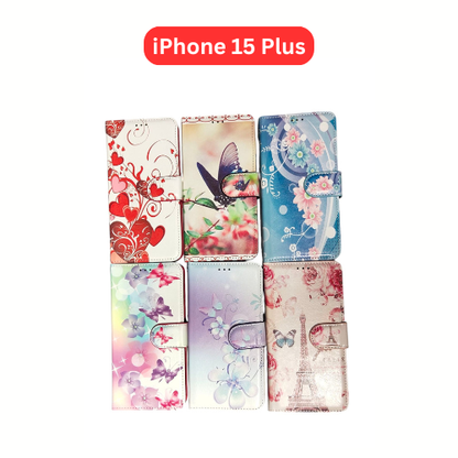 iPhone 15 Plus Wallet Printed Case Tower, Butterfly, Heart, Larger Butterfly, Loving Heart, Flower, Purple Flower