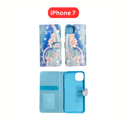 iPhone 7 Wallet Printed Case Tower, Butterfly, Heart, Larger Butterfly, Loving Heart, Flower, Purple Flower