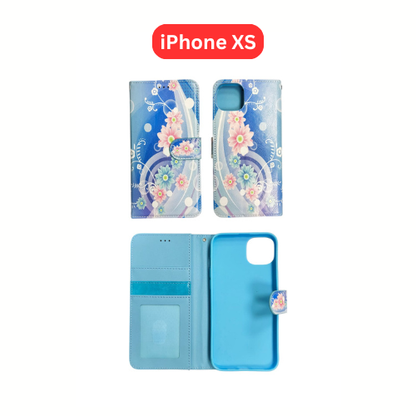 iPhone XS Wallet Printed Case Tower, Butterfly, Heart, Larger Butterfly, Loving Heart, Flower, Purple Flower