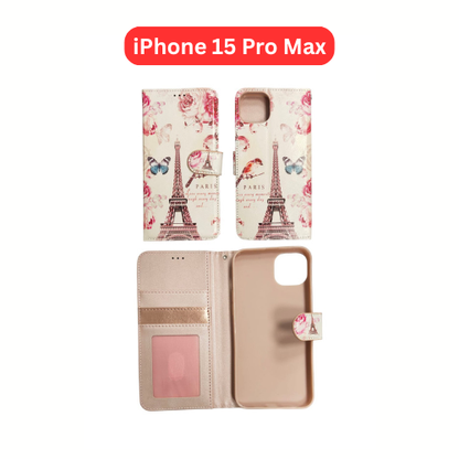 iPhone 15 Pro Max Wallet Printed Case Tower, Butterfly, Heart, Larger Butterfly, Loving Heart, Flower, Purple Flower
