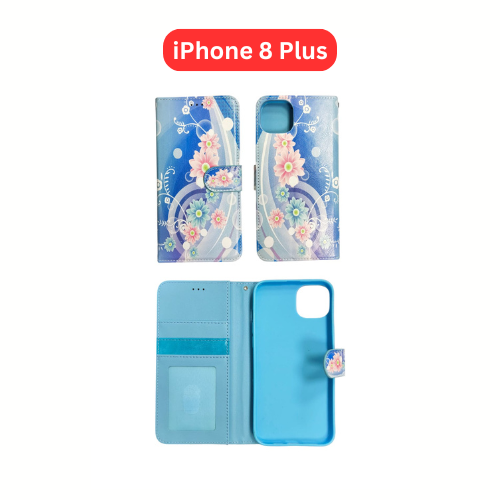 iPhone 8 Plus Wallet Printed Case Tower, Butterfly, Heart, Larger Butterfly, Loving Heart, Flower, Purple Flower