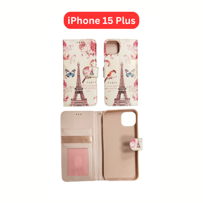 iPhone 15 Plus Wallet Printed Case Tower, Butterfly, Heart, Larger Butterfly, Loving Heart, Flower, Purple Flower