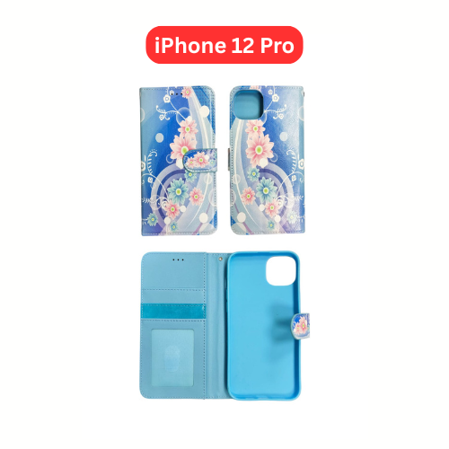 iPhone 12 Pro Wallet Printed Case Tower, Butterfly, Heart, Larger Butterfly, Loving Heart, Flower, Purple Flower