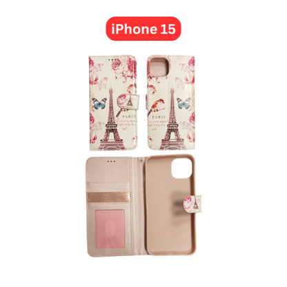 iPhone 15 Wallet Printed Case Tower, Butterfly, Heart, Larger Butterfly, Loving Heart, Flower, Purple Flower (Copy) (Copy)