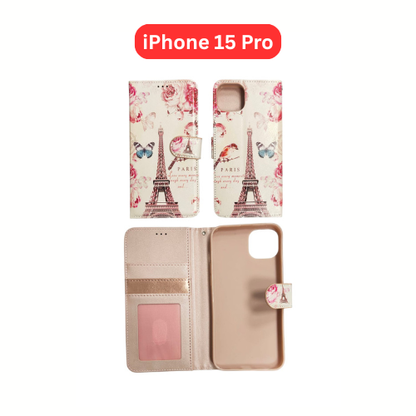 iPhone 15 Pro Wallet Printed Case Tower, Butterfly, Heart, Larger Butterfly, Loving Heart, Flower, Purple Flower (Copy)