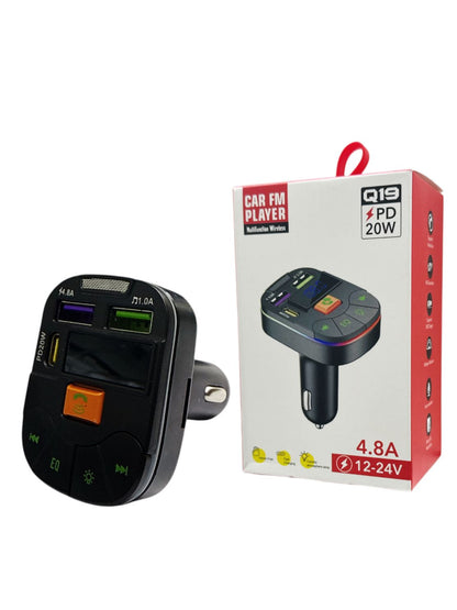 AHL Car FM Player Q19 | 20W PD Fast Charger | 4.8A USB | 12–24V Car Adapter