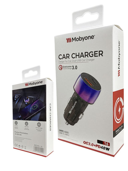 Mobyone Model 16 Car Charger | Dual USB-A & USB-C 48W | 12–32V Fast Charge