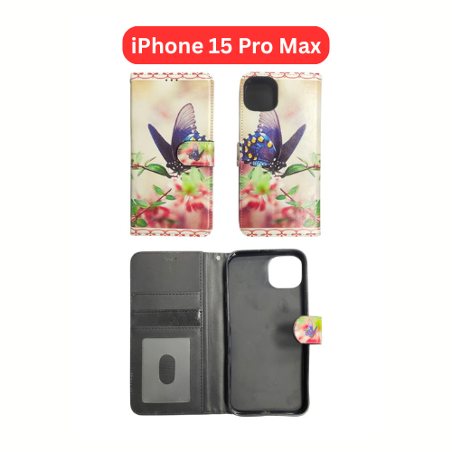 iPhone 15 Pro Max Wallet Printed Case Tower, Butterfly, Heart, Larger Butterfly, Loving Heart, Flower, Purple Flower