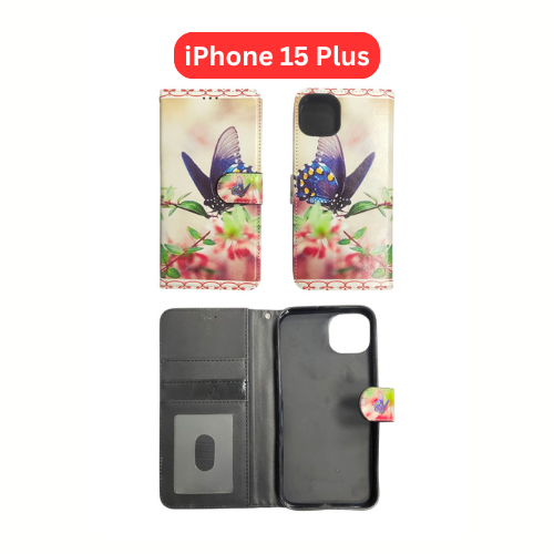 iPhone 15 Plus Wallet Printed Case Tower, Butterfly, Heart, Larger Butterfly, Loving Heart, Flower, Purple Flower