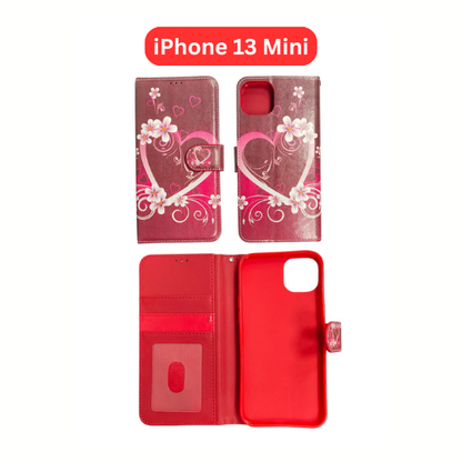 iPhone 13 Mini Wallet Printed Case Tower, Butterfly, Heart, Larger Butterfly, Loving Heart, Flower, Purple Flower