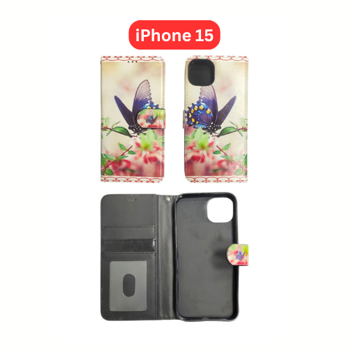 iPhone 15 Wallet Printed Case Tower, Butterfly, Heart, Larger Butterfly, Loving Heart, Flower, Purple Flower (Copy) (Copy)