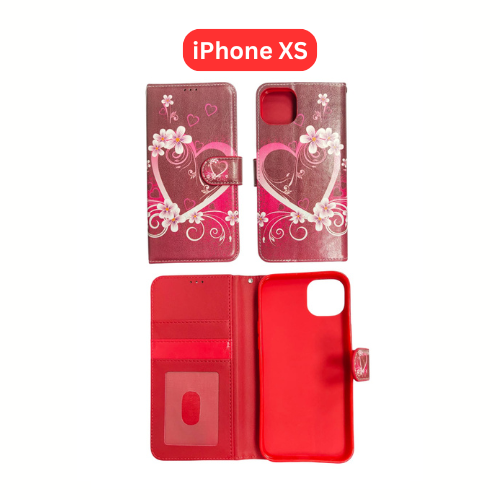 iPhone XS Wallet Printed Case Tower, Butterfly, Heart, Larger Butterfly, Loving Heart, Flower, Purple Flower