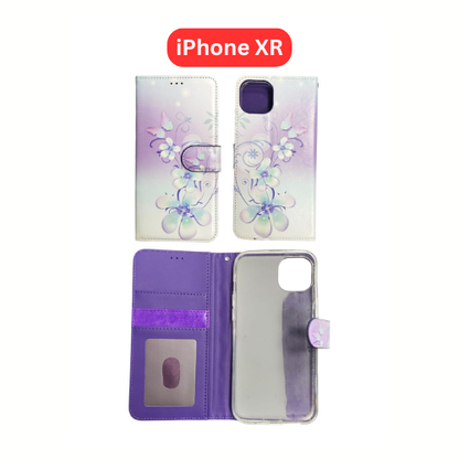iPhone XR Wallet Printed Case Tower, Butterfly, Heart, Larger Butterfly, Loving Heart, Flower, Purple Flower