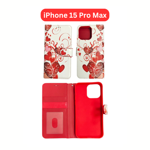 iPhone 15 Pro Max Wallet Printed Case Tower, Butterfly, Heart, Larger Butterfly, Loving Heart, Flower, Purple Flower