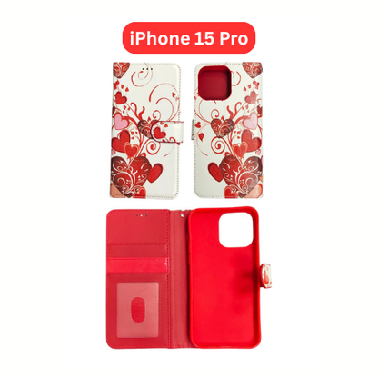 iPhone 15 Pro Wallet Printed Case Tower, Butterfly, Heart, Larger Butterfly, Loving Heart, Flower, Purple Flower (Copy)