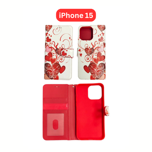 iPhone 15 Wallet Printed Case Tower, Butterfly, Heart, Larger Butterfly, Loving Heart, Flower, Purple Flower (Copy) (Copy)