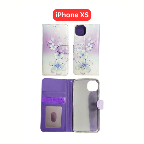 iPhone XS Wallet Printed Case Tower, Butterfly, Heart, Larger Butterfly, Loving Heart, Flower, Purple Flower