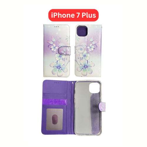 iPhone 7 Plus Wallet Printed Case Tower, Butterfly, Heart, Larger Butterfly, Loving Heart, Flower, Purple Flower