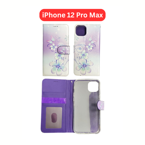 iPhone 12 Pro Max Wallet Printed Case Tower, Butterfly, Heart, Larger Butterfly, Loving Heart, Flower, Purple Flower
