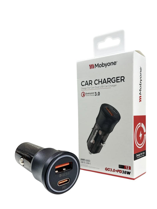 Mobyone Model 12 Car Charger | Dual USB-A & USB-C 38W | 12–32V Fast Charge