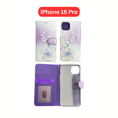 iPhone 15 Pro Wallet Printed Case Tower, Butterfly, Heart, Larger Butterfly, Loving Heart, Flower, Purple Flower (Copy)