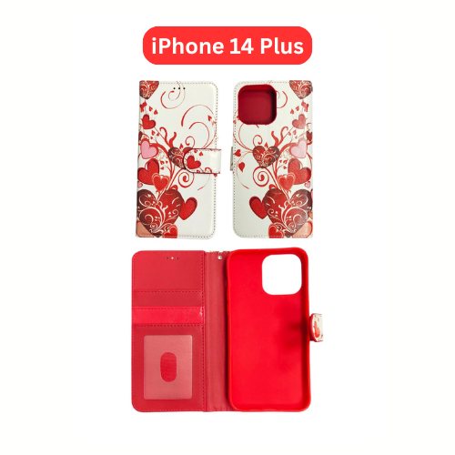 iPhone 14 Plus Wallet Printed Case Tower, Butterfly, Heart, Larger Butterfly, Loving Heart, Flower, Purple Flower