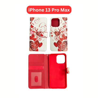 iPhone 13 Pro Max Wallet Printed Case Tower, Butterfly, Heart, Larger Butterfly, Loving Heart, Flower, Purple Flower