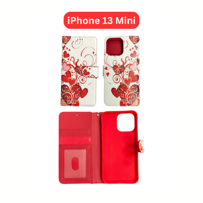 iPhone 13 Mini Wallet Printed Case Tower, Butterfly, Heart, Larger Butterfly, Loving Heart, Flower, Purple Flower