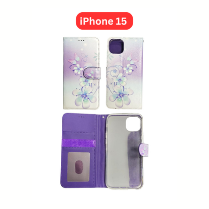 iPhone 15 Wallet Printed Case Tower, Butterfly, Heart, Larger Butterfly, Loving Heart, Flower, Purple Flower (Copy) (Copy)