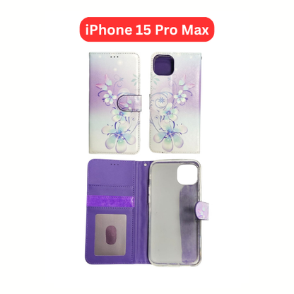 iPhone 15 Pro Max Wallet Printed Case Tower, Butterfly, Heart, Larger Butterfly, Loving Heart, Flower, Purple Flower