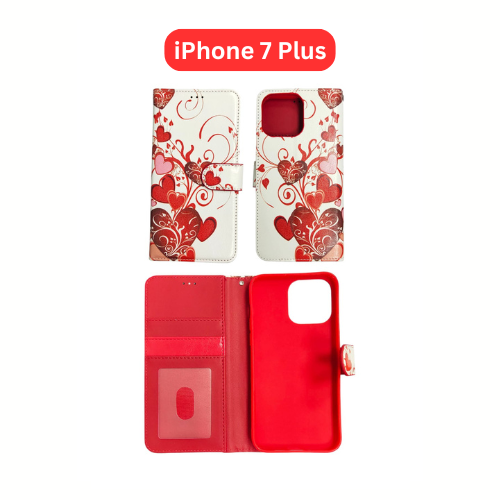 iPhone 7 Plus Wallet Printed Case Tower, Butterfly, Heart, Larger Butterfly, Loving Heart, Flower, Purple Flower