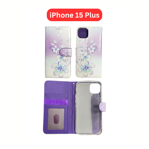 iPhone 15 Plus Wallet Printed Case Tower, Butterfly, Heart, Larger Butterfly, Loving Heart, Flower, Purple Flower