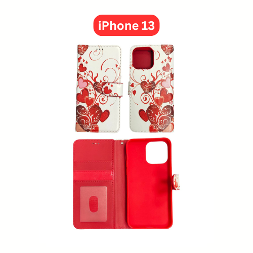 iPhone 13 Wallet Printed Case Tower, Butterfly, Heart, Larger Butterfly, Loving Heart, Flower, Purple Flower