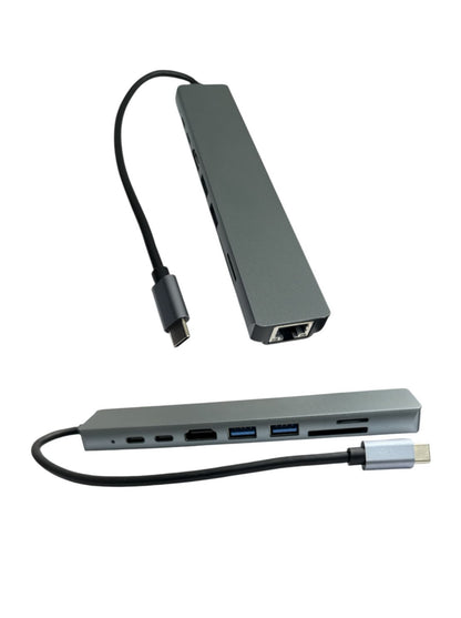 AHL Type-C 8-in-1 Hub | 4K HDMI + 2 USB + RJ45 + SD/TF + USB-C Adapter